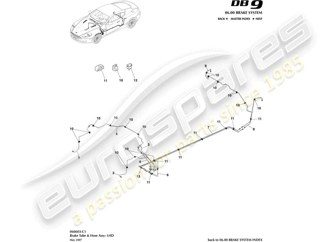 aston martin db9 (2010) líneas y mangueras de freno, diagrama de piezas lhd