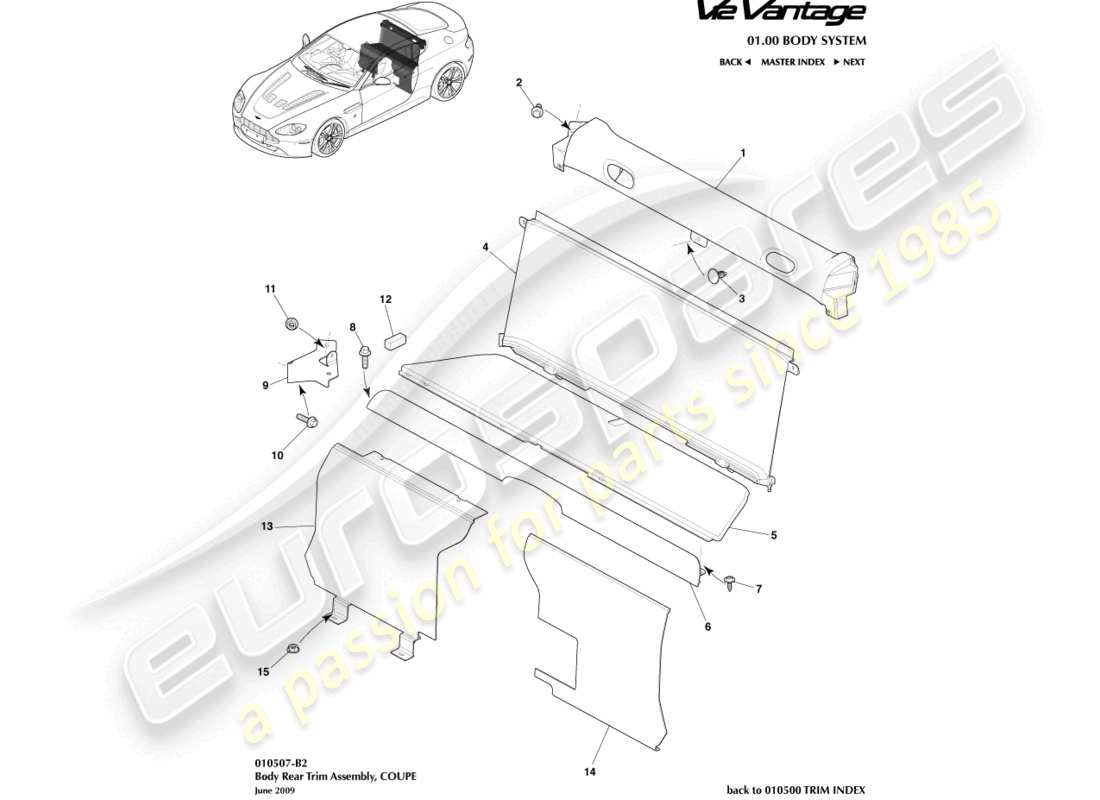 aston martin v12 vantage (2010) embellecedor del extremo trasero, diagrama de piezas del cupé