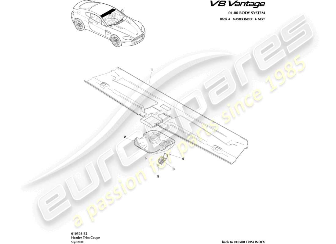 aston martin v8 vantage (2006) ajuste del cabezal, diagrama de piezas del cupé