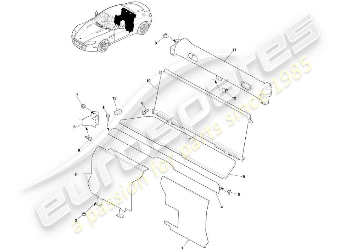 aston martin v8 vantage (2005) embellecedor del extremo trasero, diagrama de piezas del cupé