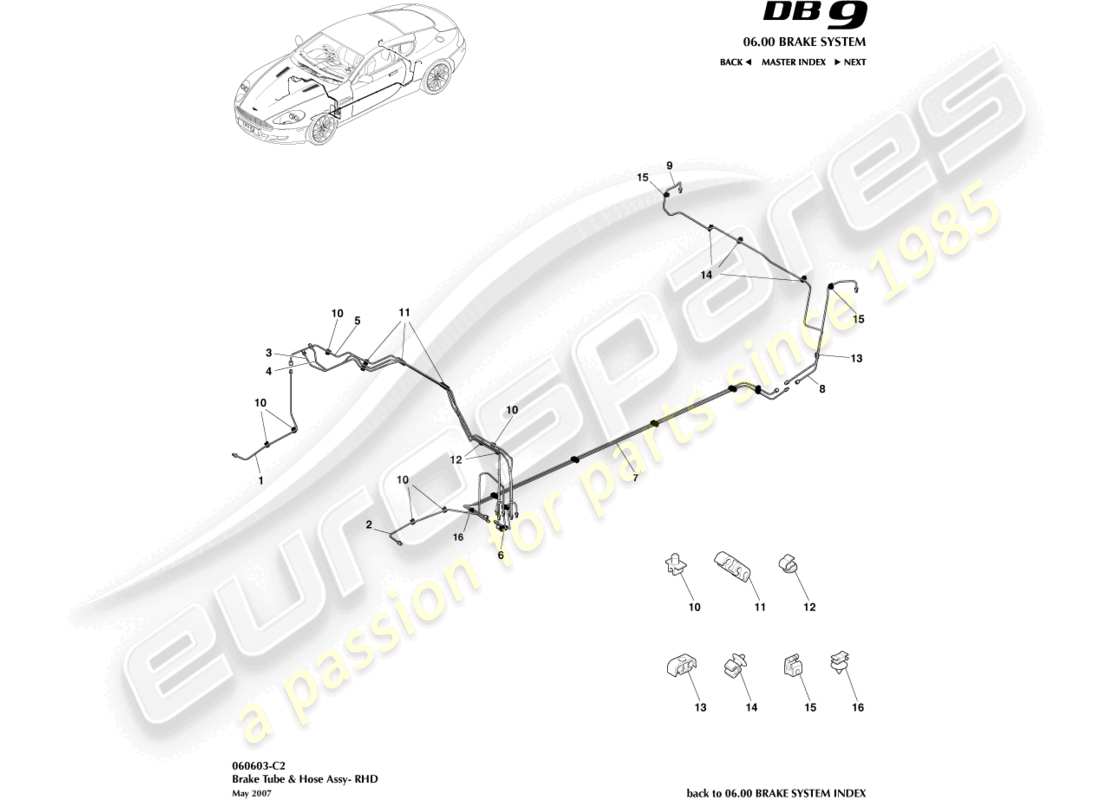 aston martin db9 (2010) líneas y mangueras de freno, diagrama de piezas rhd