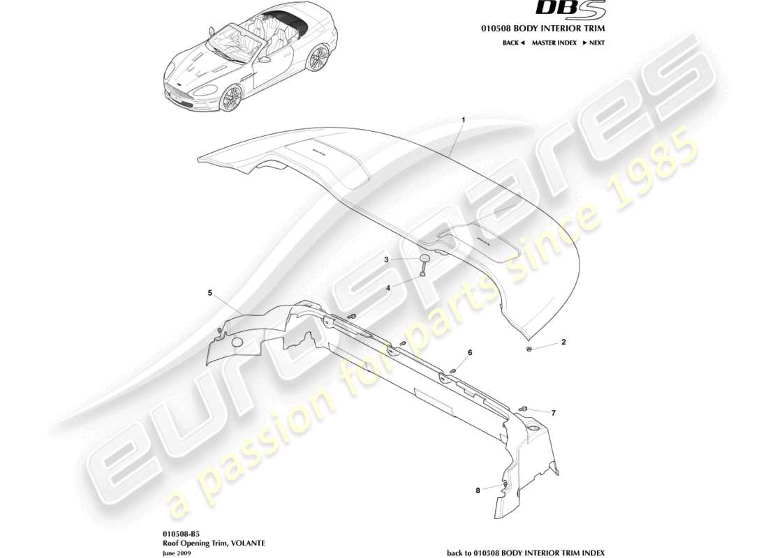 aston martin dbs (2008) moldura de apertura del techo diagrama de piezas