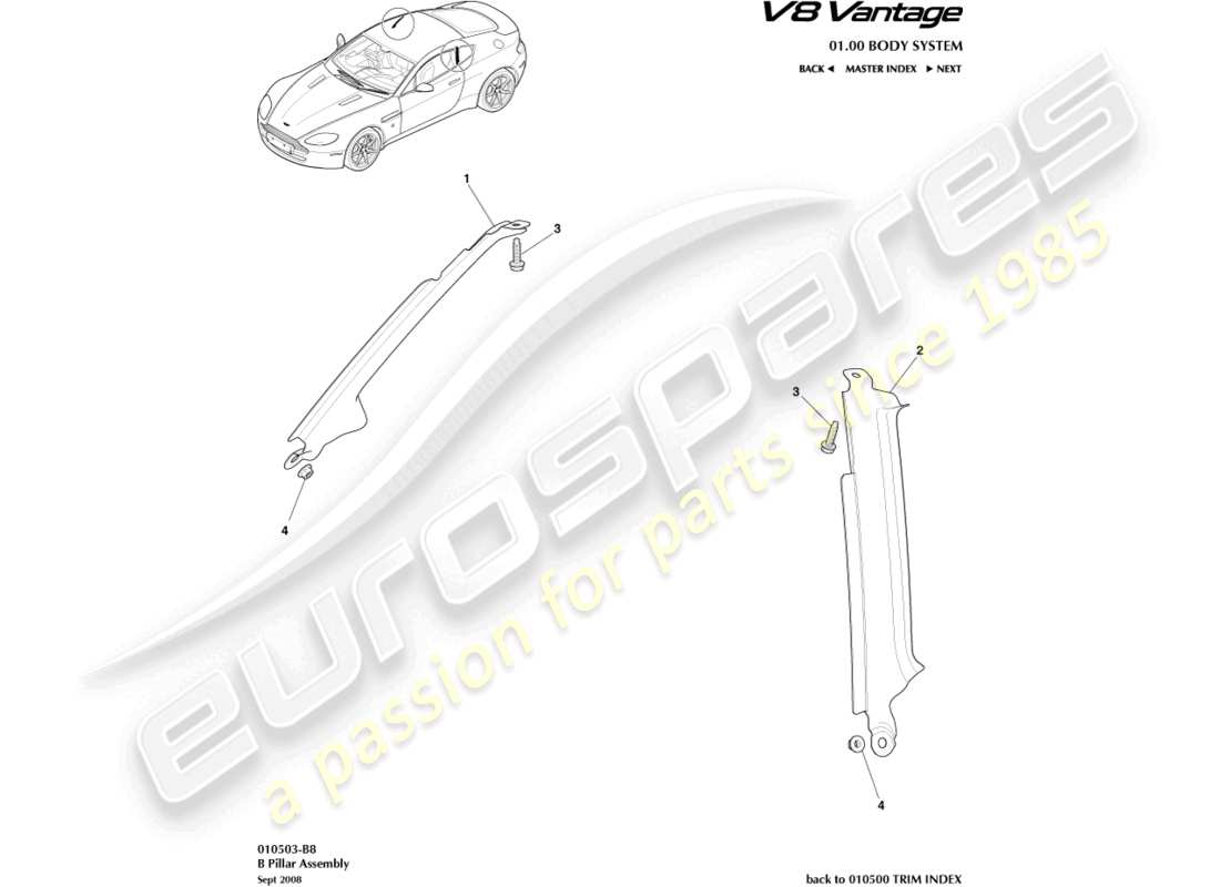 aston martin v8 vantage (2006) diagrama de piezas del conjunto del pilar b