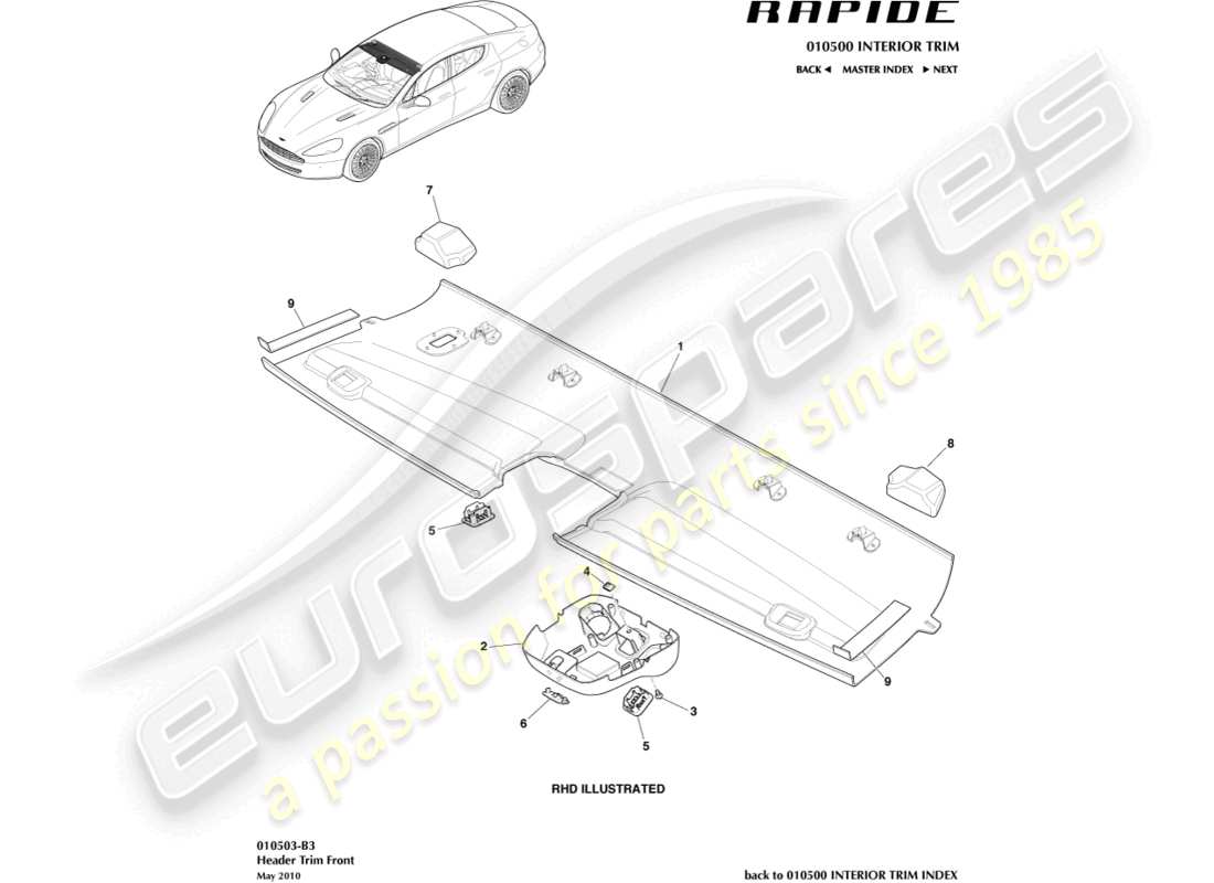 aston martin rapide (2014) recorte del encabezado frontal diagrama de piezas