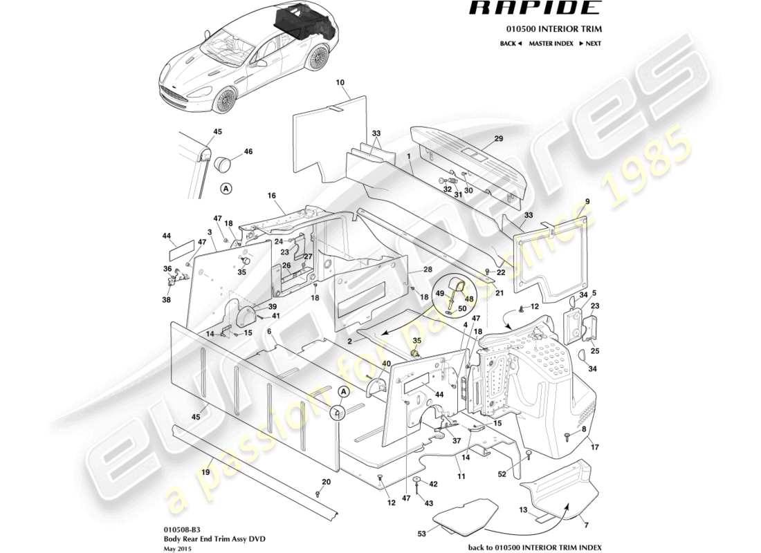 aston martin rapide (2014) ajuste del compartimento de carga diagrama de piezas
