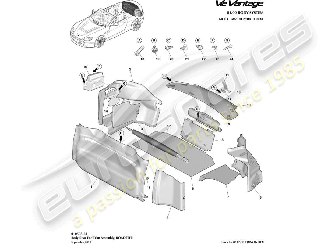 aston martin v12 vantage (2011) adorno del compartimento de carga, diagrama de piezas del roadster