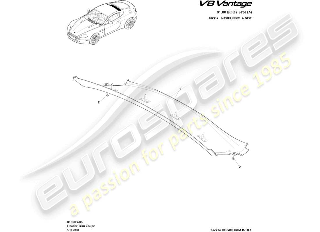 aston martin v8 vantage (2018) embellecedor del cabezal, trasero, diagrama de piezas del cupé