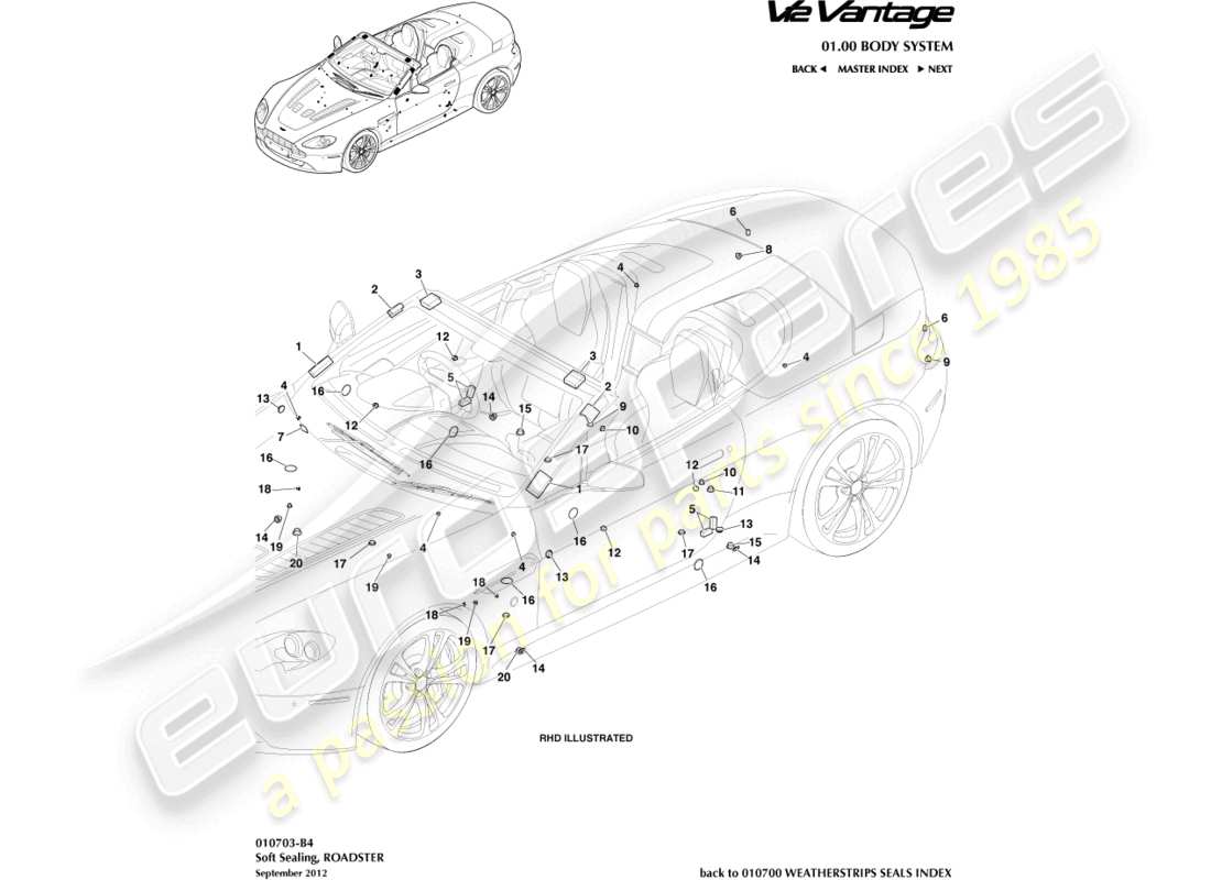 aston martin v12 vantage (2010) sellado blando, diagrama de piezas del roadster