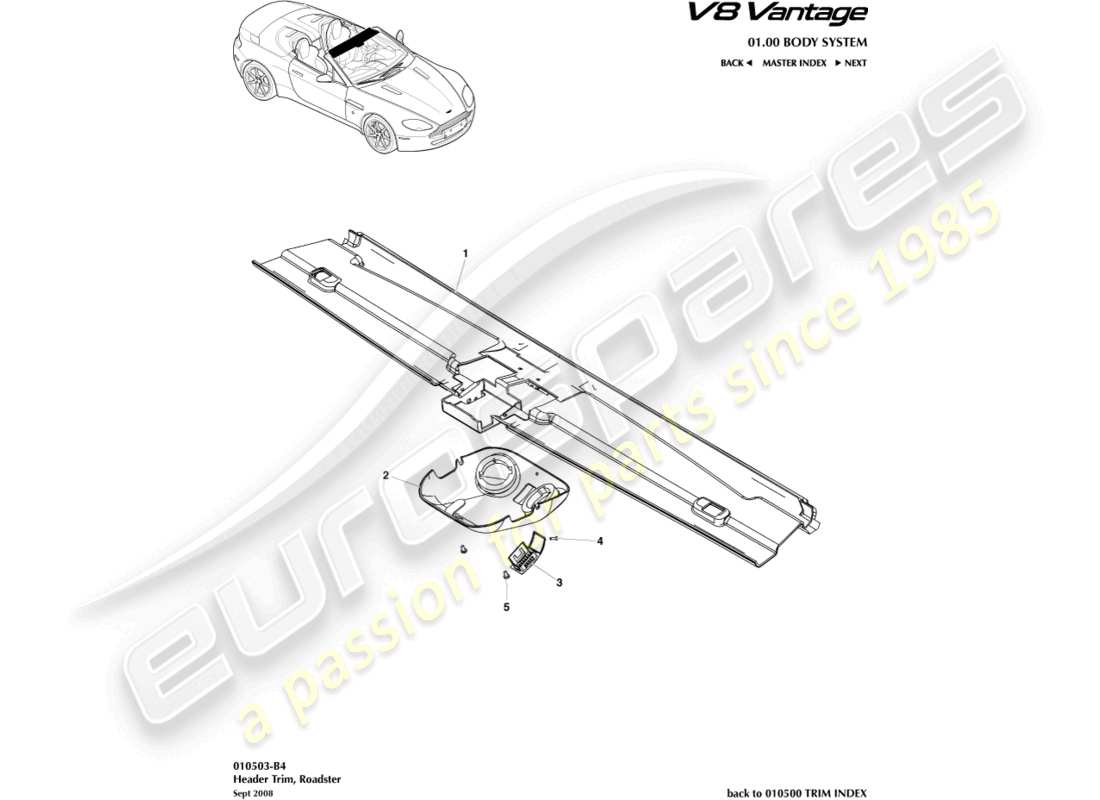 aston martin v8 vantage (2006) adorno de cabecera, diagrama de piezas del roadster