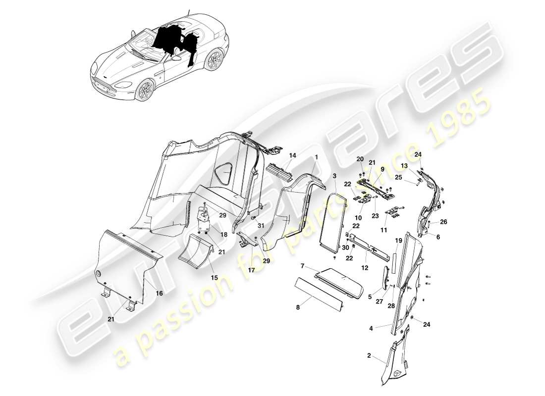 aston martin v8 vantage (2005) guarnecido lateral de la carrocería, diagrama de piezas del roadster