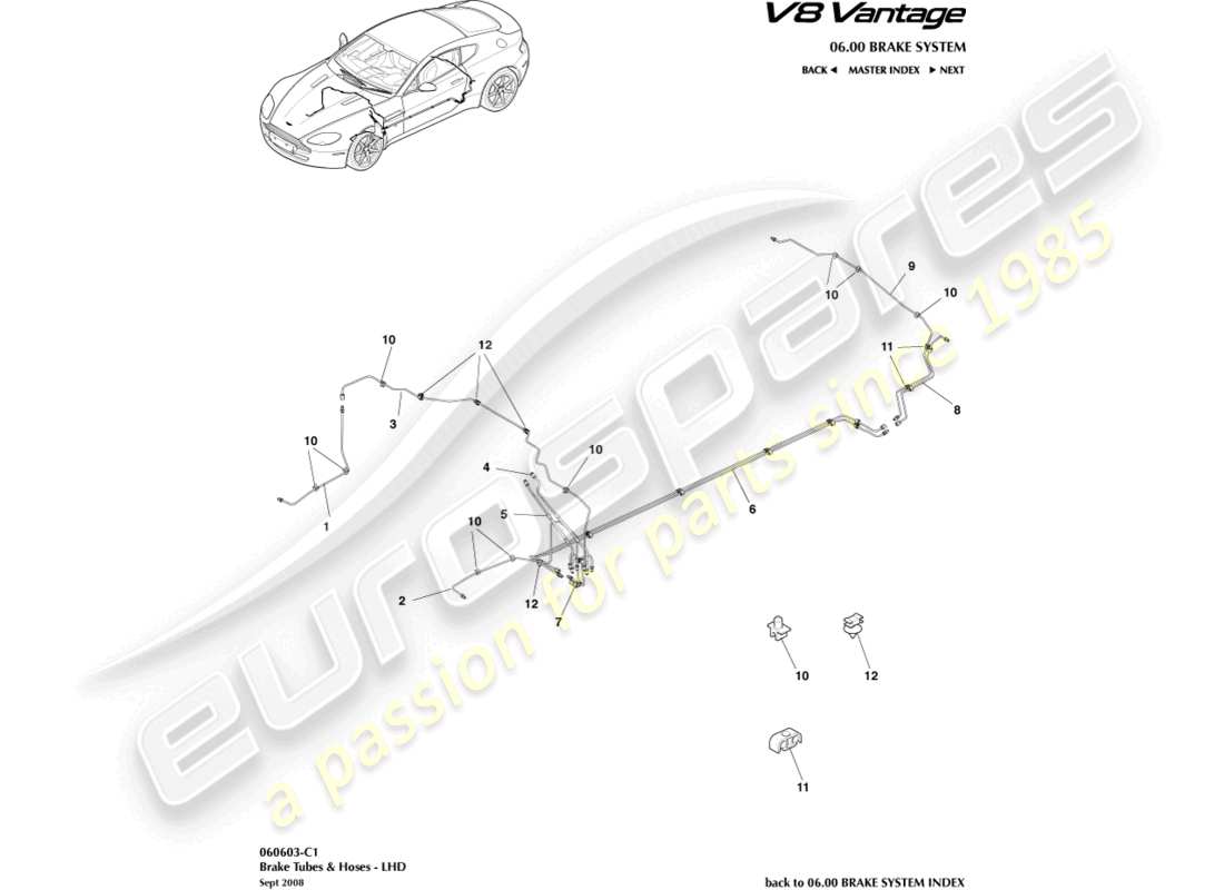 aston martin v8 vantage (2006) líneas y mangueras de freno, diagrama de piezas lhd