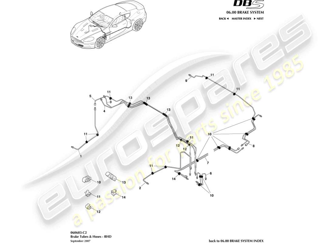 aston martin dbs (2009) líneas y mangueras de freno, lado derecho diagrama de piezas