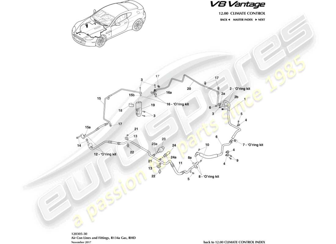 aston martin v8 vantage (2018) líneas de aire acondicionado, r134a gas, diagrama de piezas rhd