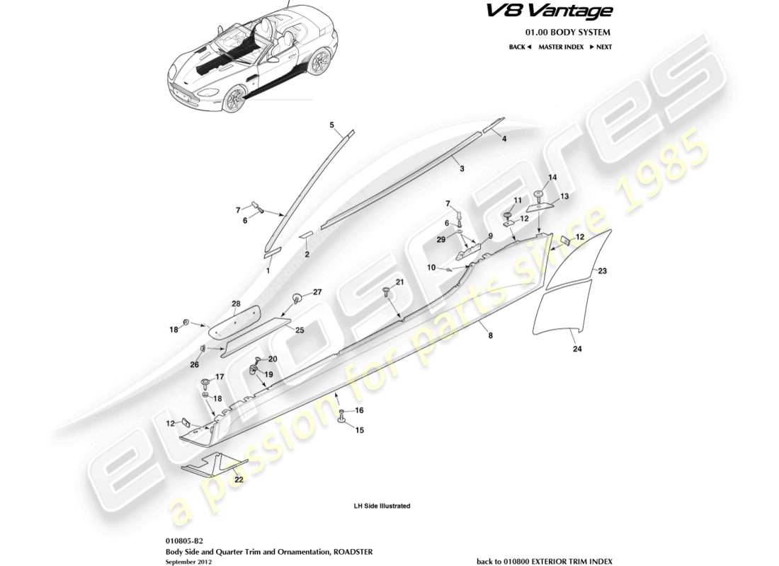 aston martin v8 vantage (2006) adornos laterales y laterales de la carrocería, diagrama de piezas del roadster