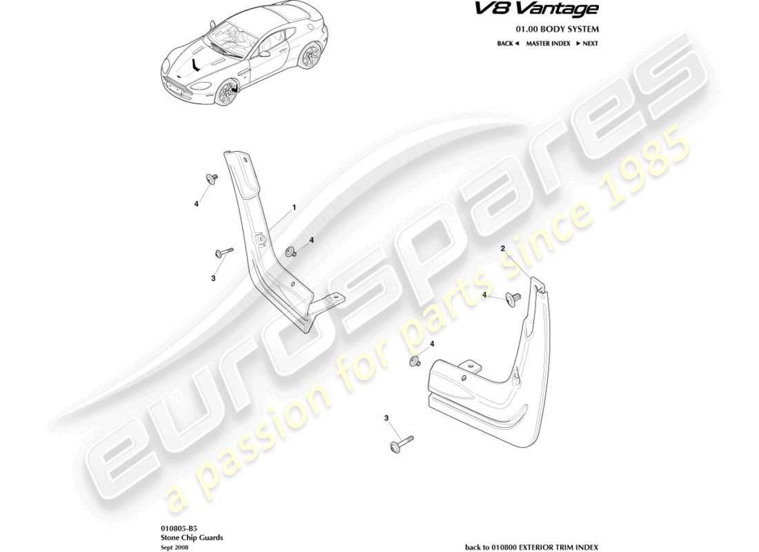 aston martin v8 vantage (2012) diagrama de piezas de protectores contra piedras