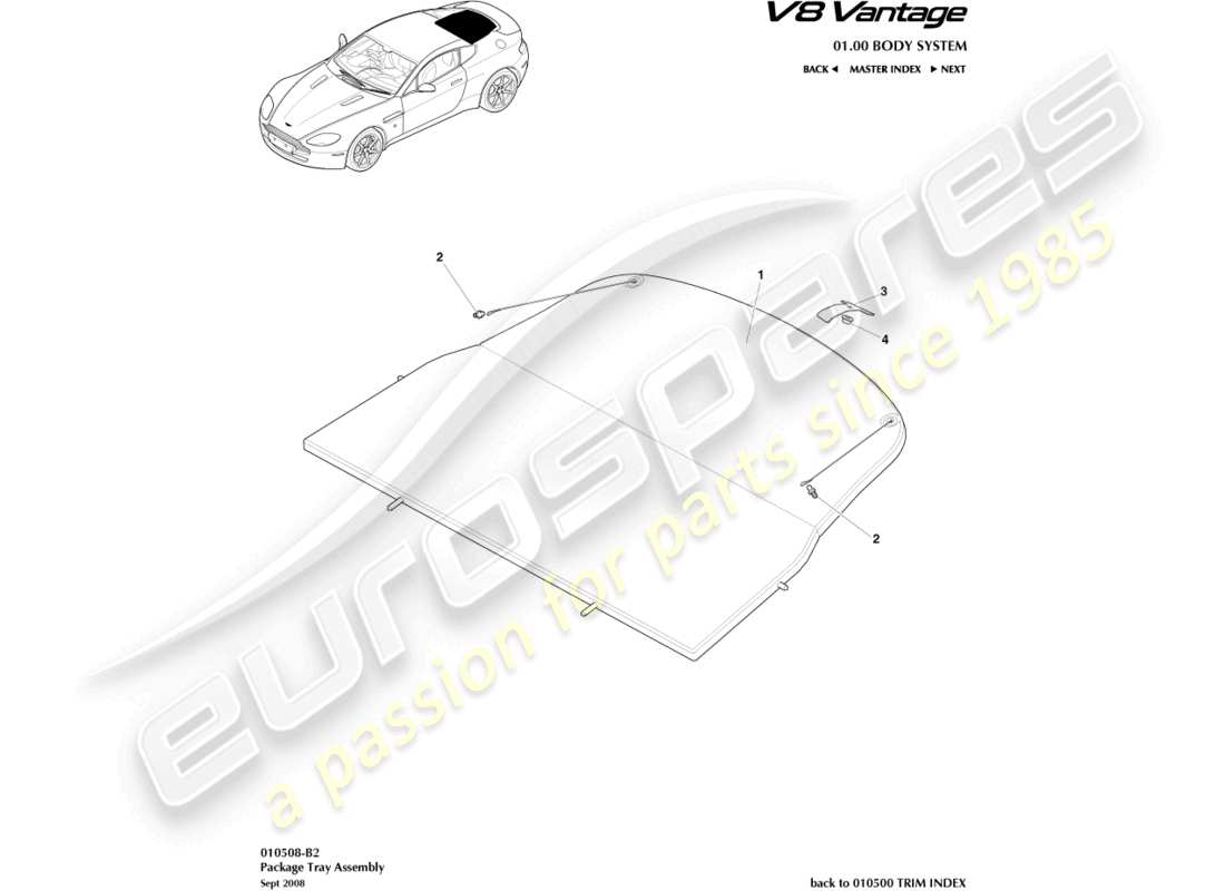aston martin v8 vantage (2018) diagrama de piezas del conjunto de la bandeja del paquete