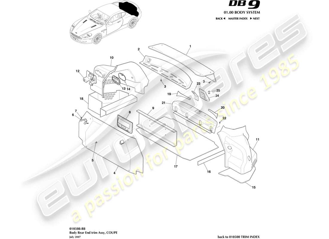 aston martin db9 (2008) embellecedor del extremo trasero, diagrama de piezas del cupé