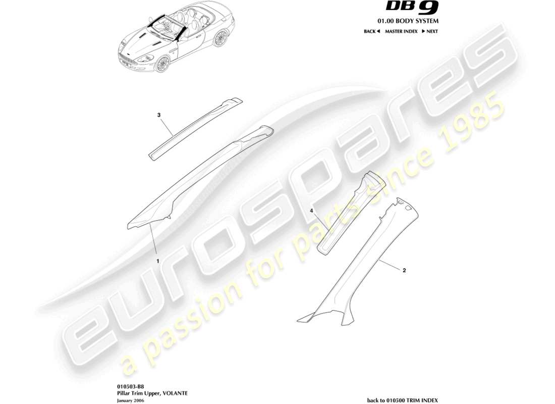 aston martin db9 (2005) adorno de pilar, superior, diagrama de pieza volante