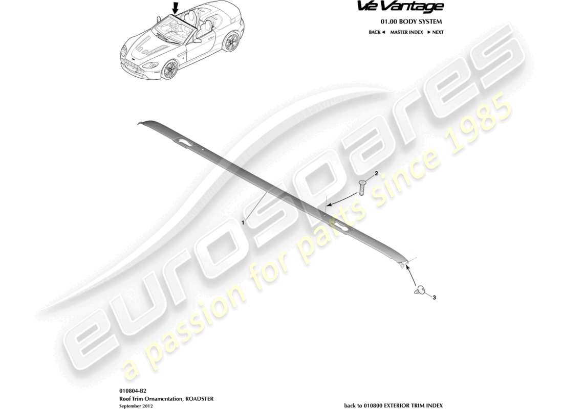 aston martin v12 vantage (2011) adorno de techo, diagrama de piezas del roadster