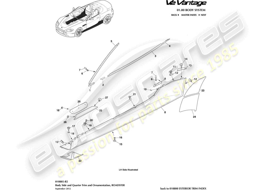 aston martin v12 vantage (2011) adornos laterales y laterales de la carrocería, diagrama de piezas del roadster