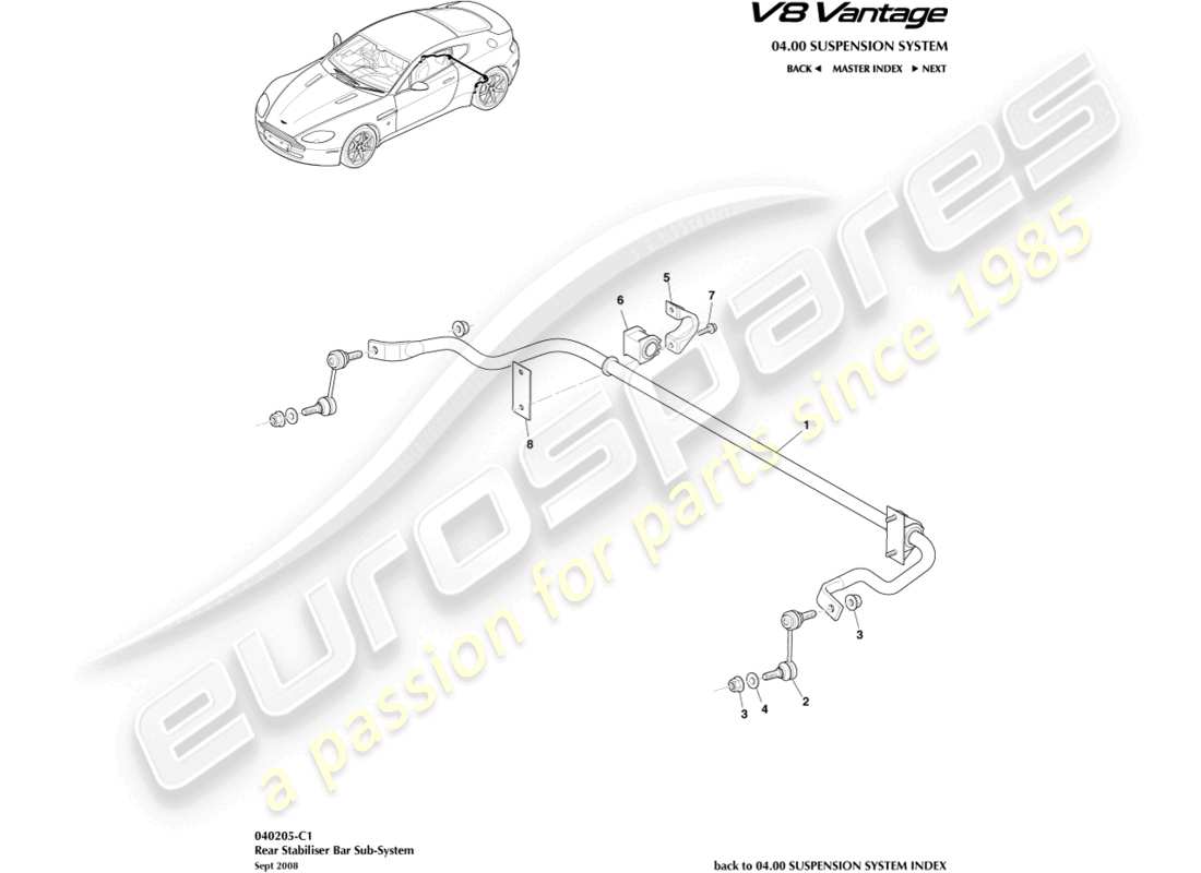 aston martin v8 vantage (2006) diagrama de piezas de la barra estabilizadora trasera