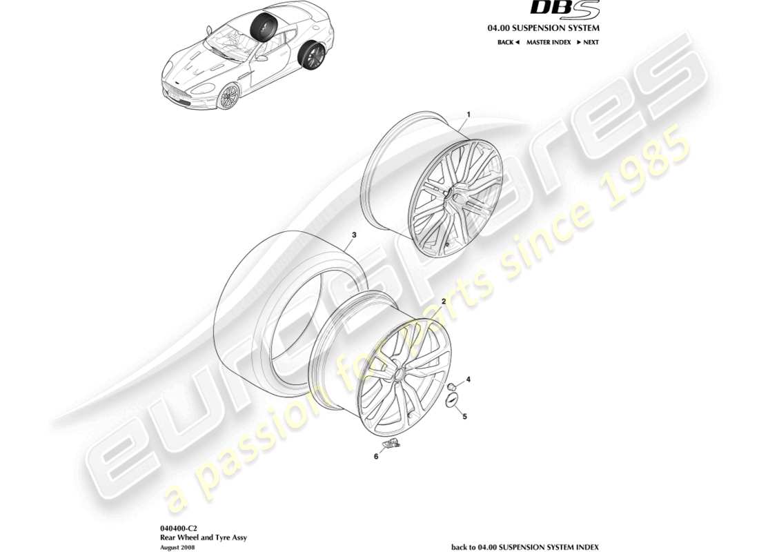 aston martin dbs (2008) ruedas y neumáticos traseros diagrama de piezas