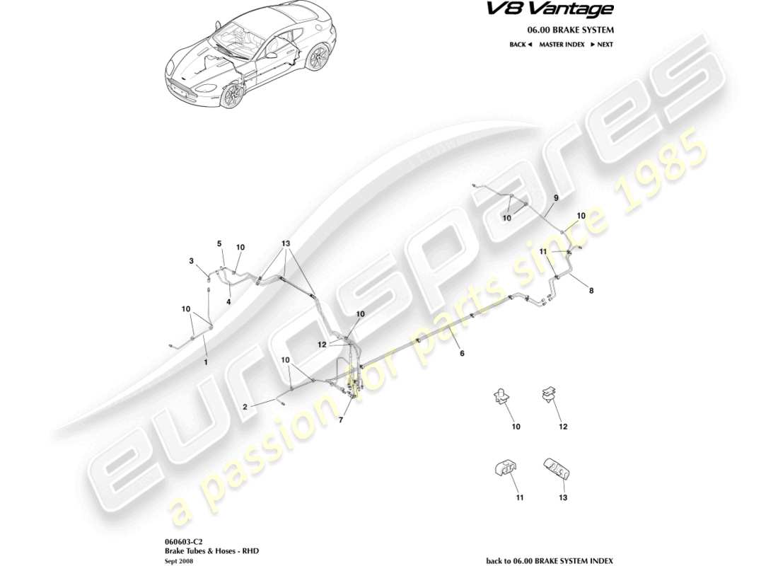 aston martin v8 vantage (2018) líneas y mangueras de freno, diagrama de piezas rhd