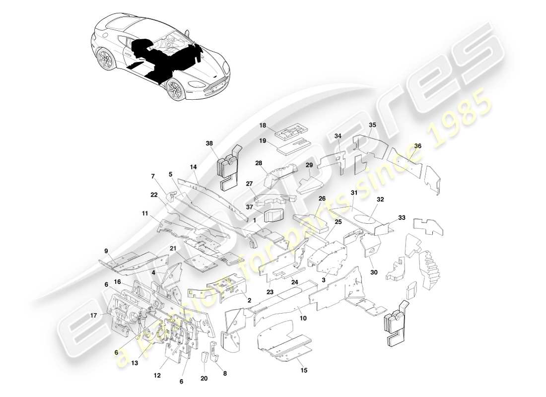 aston martin v8 vantage (2005) aislamiento de la carrocería, diagrama de piezas lhd