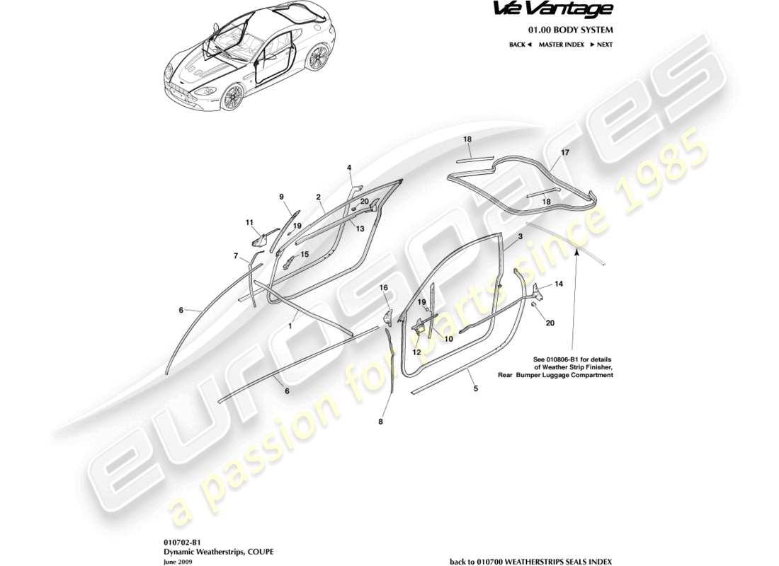 aston martin v12 vantage (2013) burletes dinámicos, diagrama de piezas del cupé