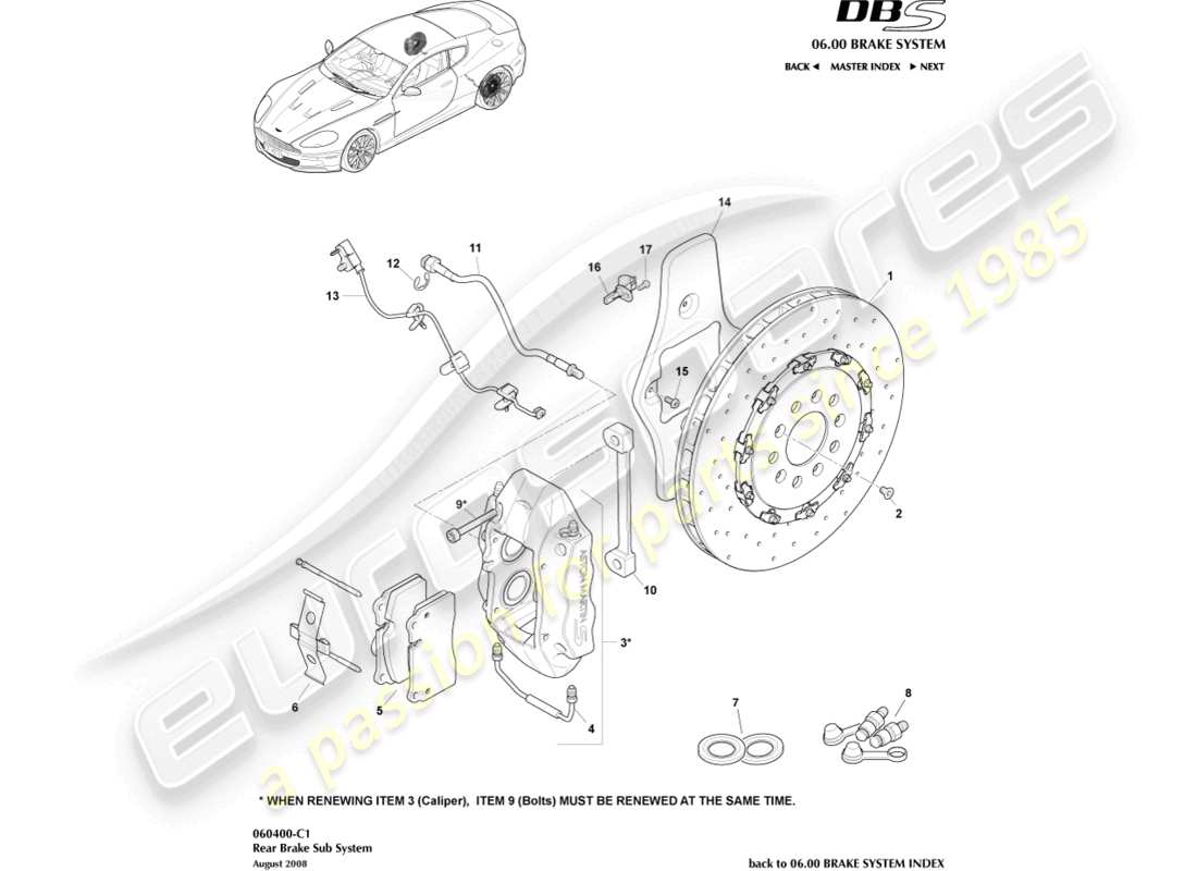 aston martin dbs (2008) sistema de freno trasero diagrama de piezas