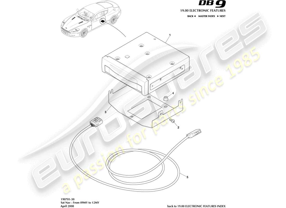 aston martin db9 (2008) navegador por satélite, diagrama de piezas de 09my a 12my