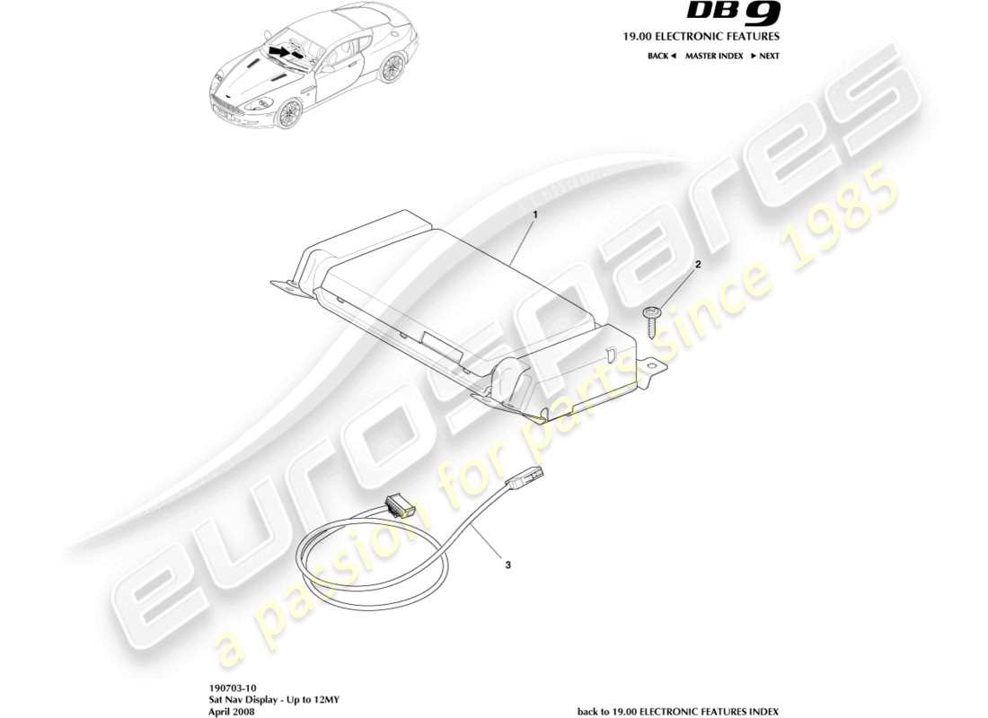aston martin db9 (2007) pantalla de navegación por satélite, a 12my diagrama de piezas