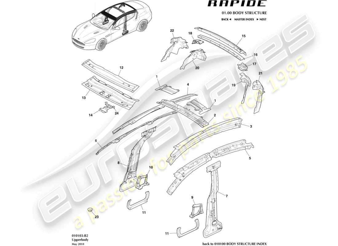 aston martin rapide (2013) estructura superior del cuerpo diagrama de piezas