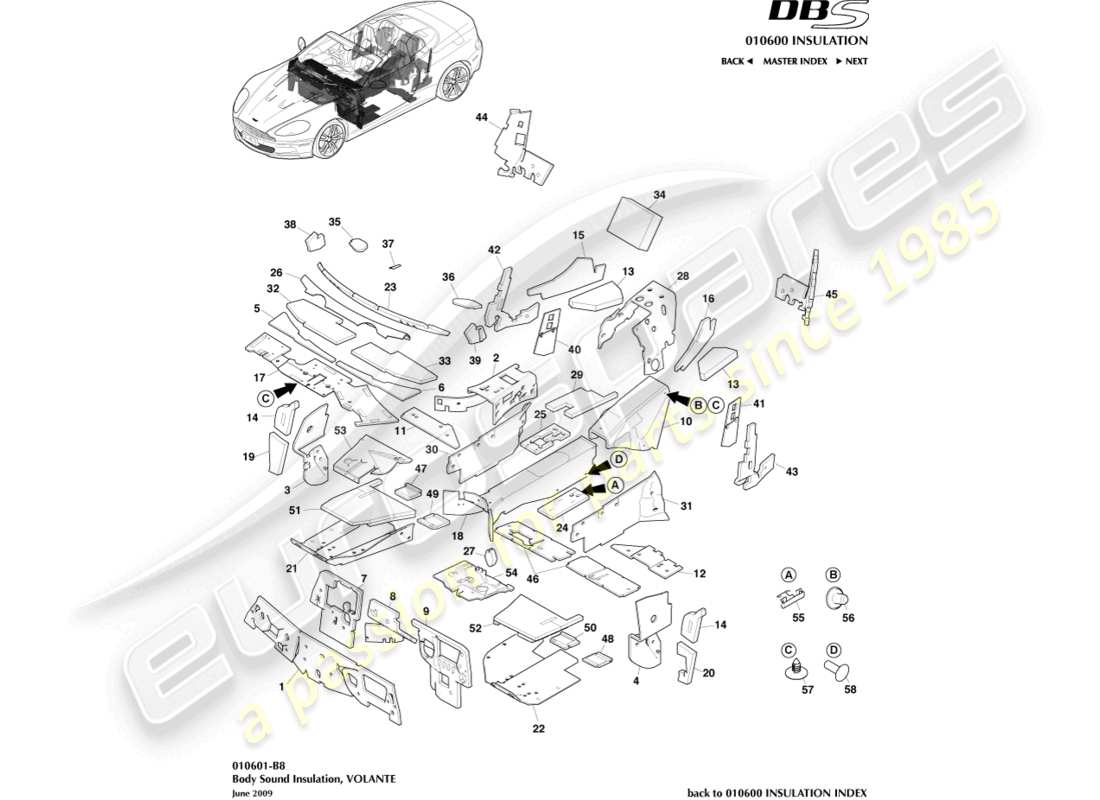 aston martin dbs (2008) aislamiento corporal, volante diagrama de piezas