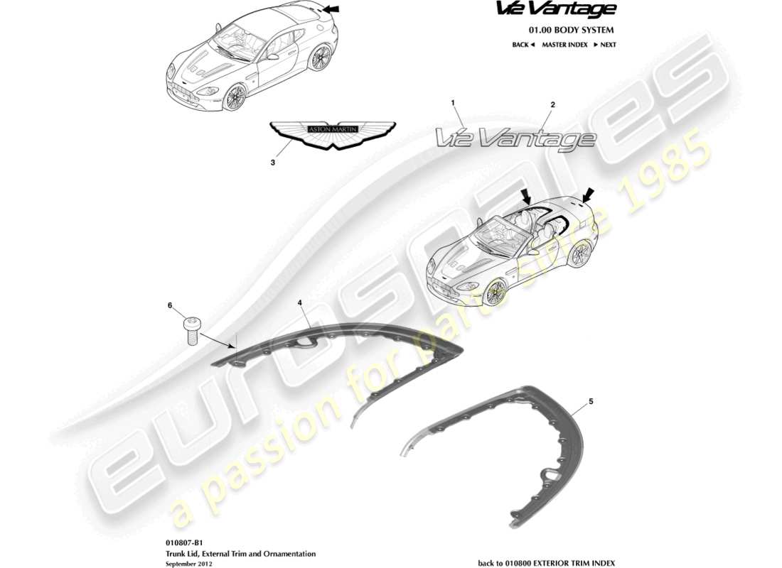 aston martin v12 vantage (2010) diagrama de piezas de moldura de la tapa del maletero