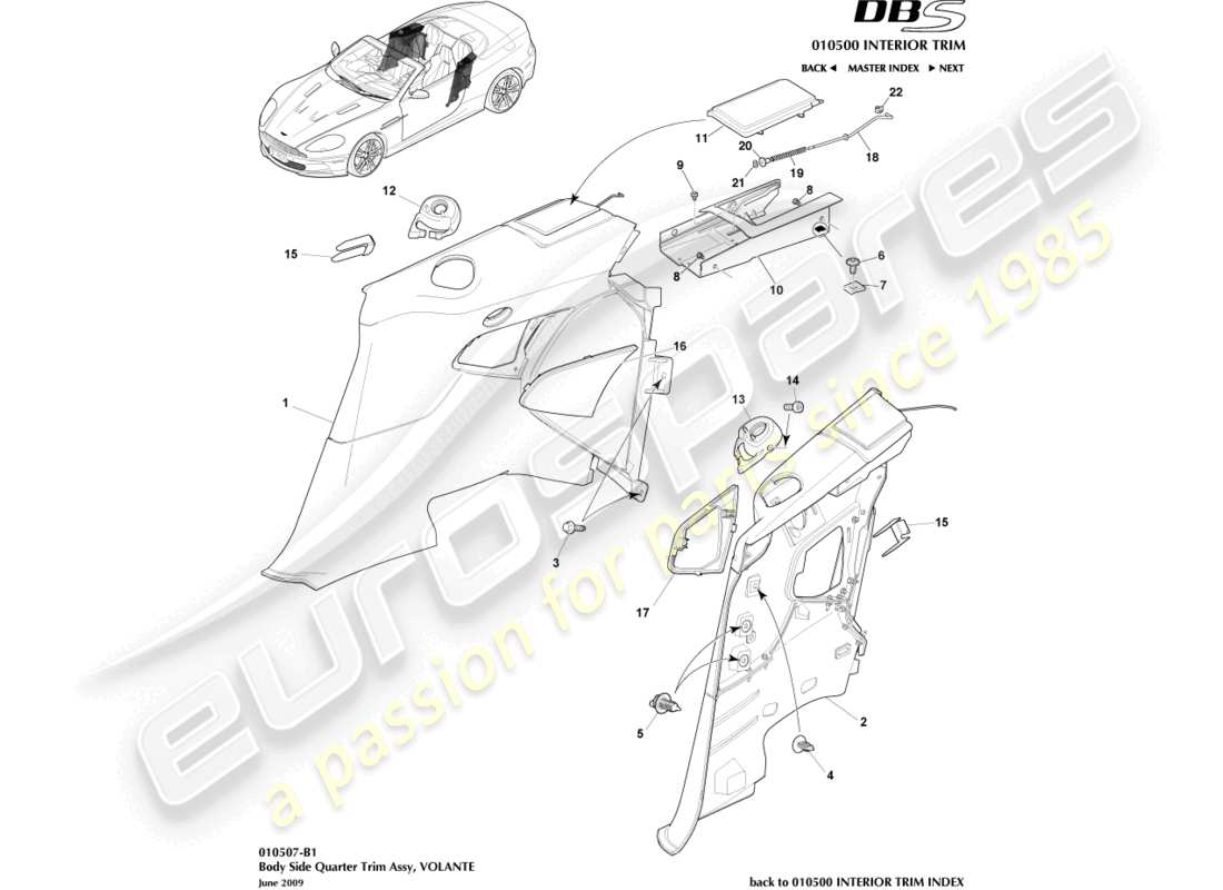 aston martin dbs (2009) body side quarter trim, volante diagrama de piezas