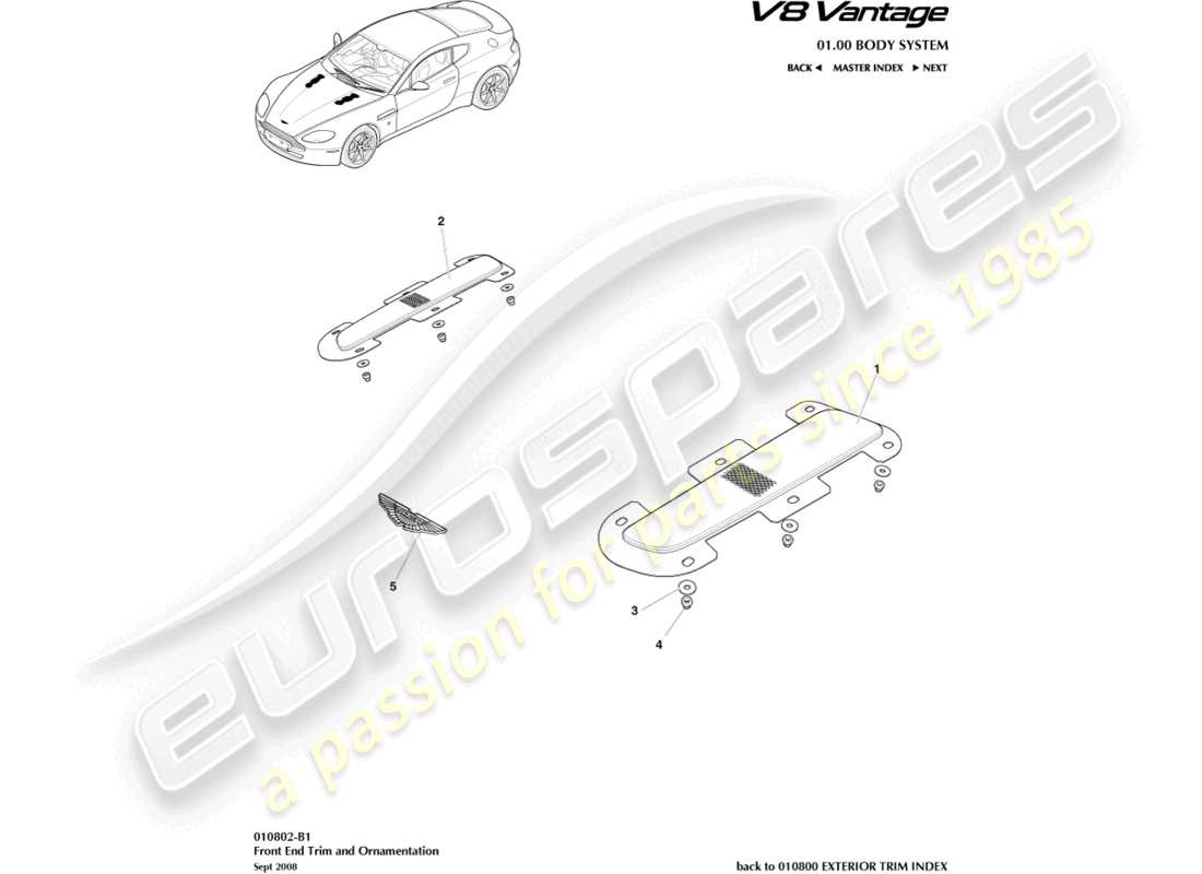 aston martin v8 vantage (2006) diagrama de piezas de moldura frontal