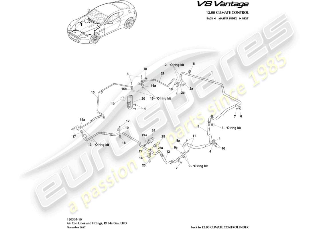 aston martin v8 vantage (2017) líneas de aire acondicionado, r134a gas, diagrama de piezas lhd