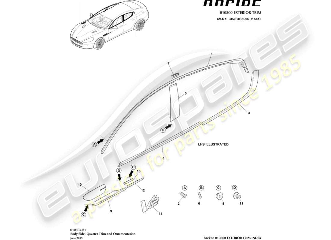 aston martin rapide (2012) borde lateral del cuerpo diagrama de piezas
