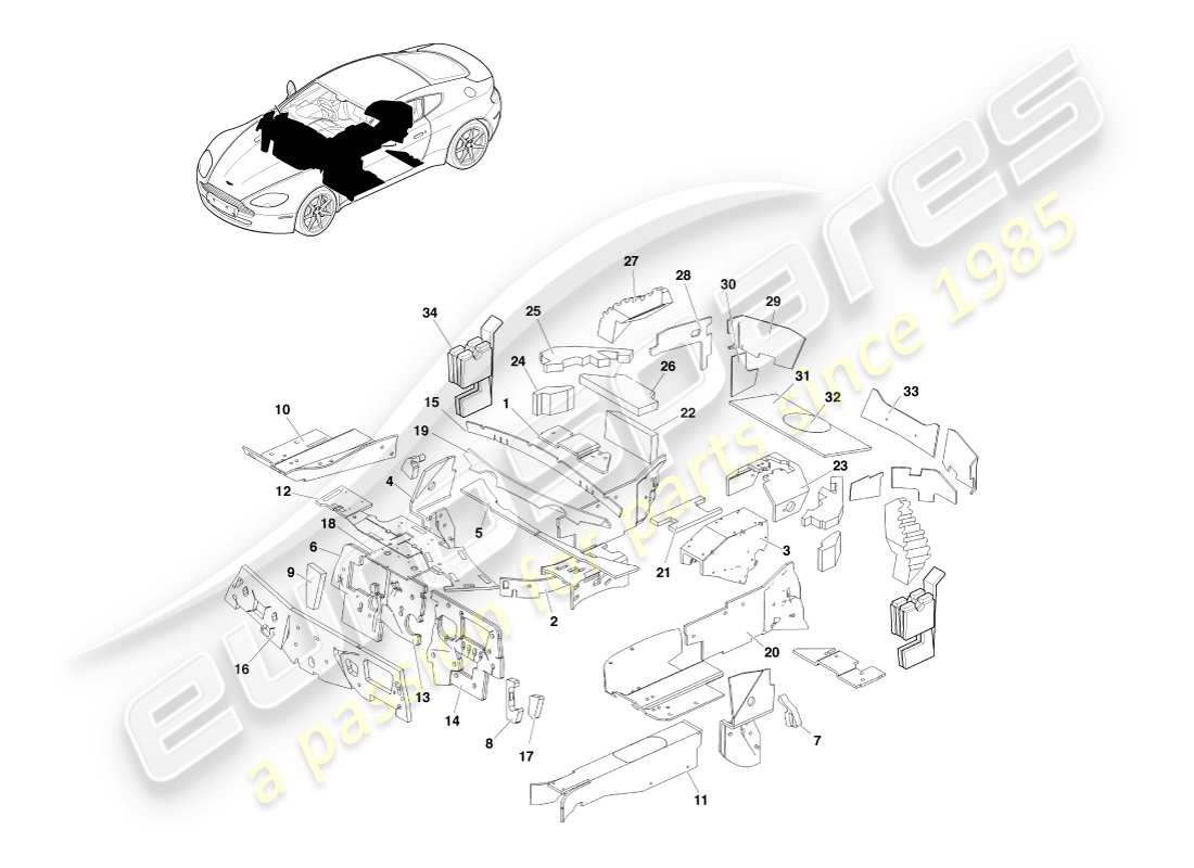 aston martin v8 vantage (2005) aislamiento de la carrocería, diagrama de piezas rhd