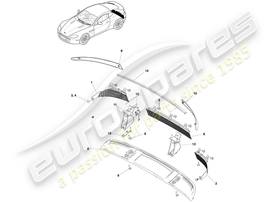 aston martin v8 vantage (2005) diagrama de piezas de moldura del extremo trasero de la carrocería