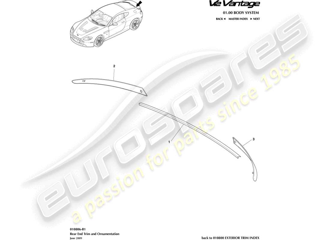 aston martin v12 vantage (2010) diagrama de piezas de moldura del extremo trasero de la carrocería