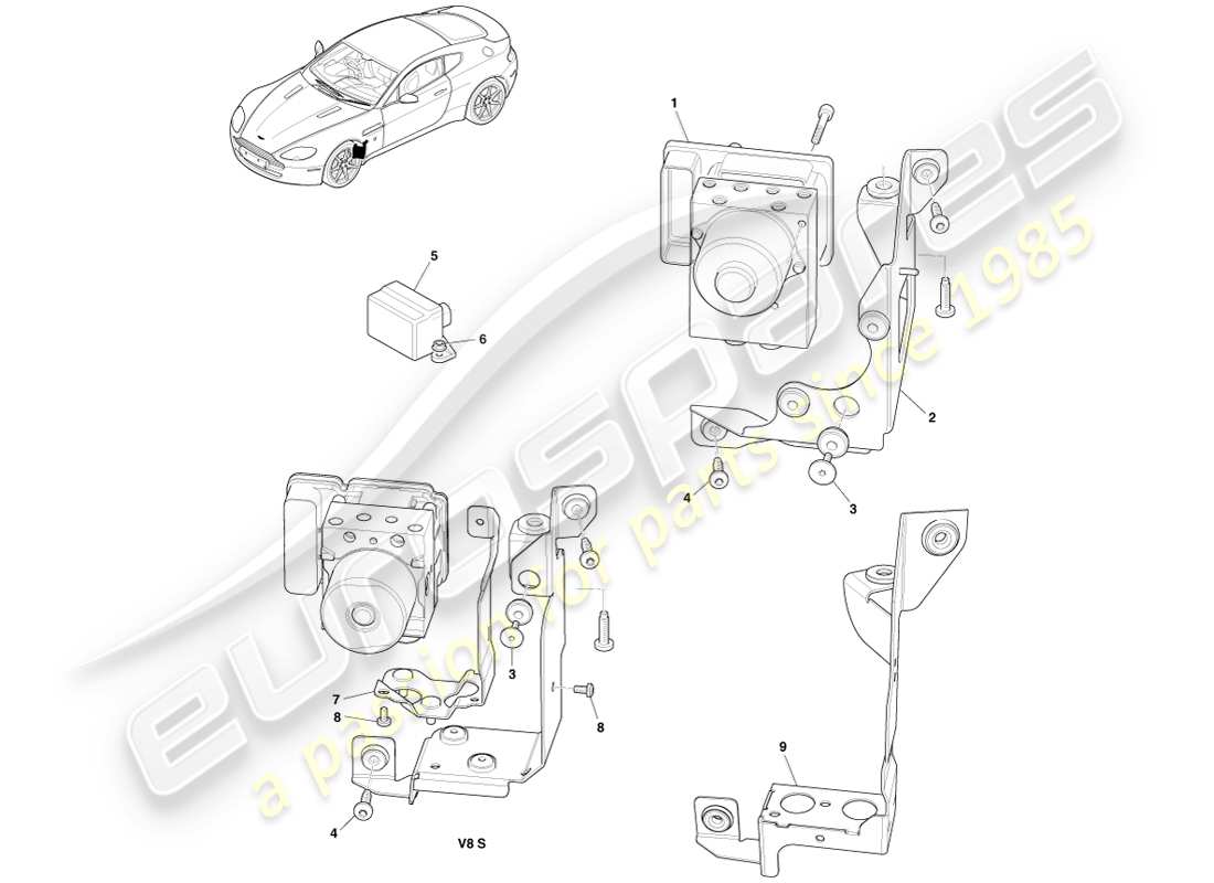 aston martin v8 vantage (2005) diagrama de piezas del módulo antibloqueo