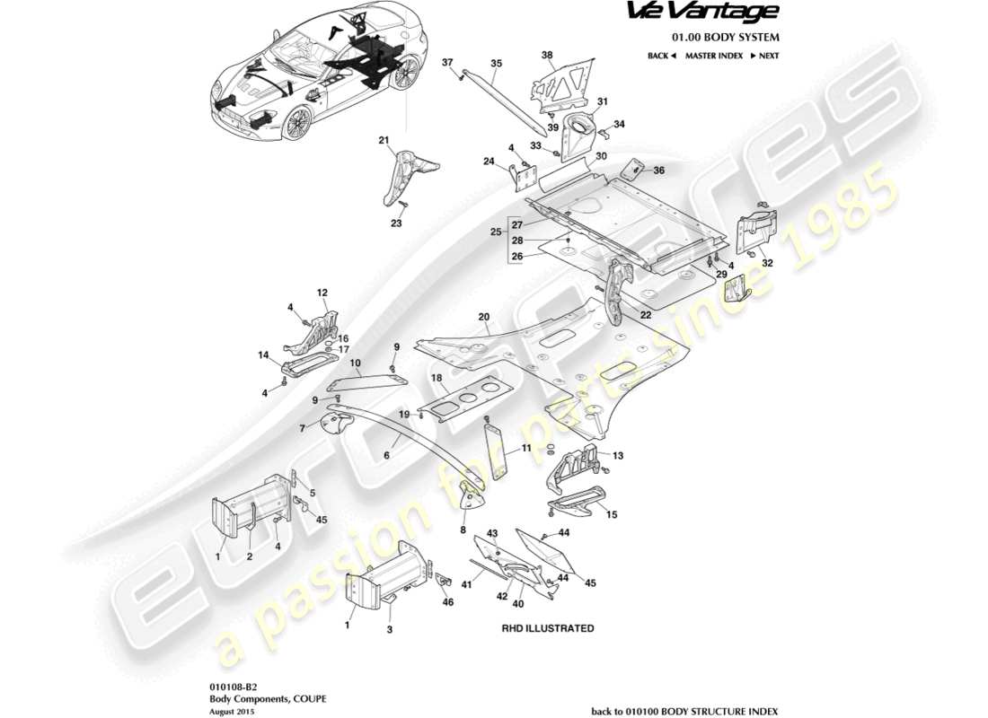 aston martin v12 vantage (2013) componentes de la carrocería, diagrama de piezas del cupé