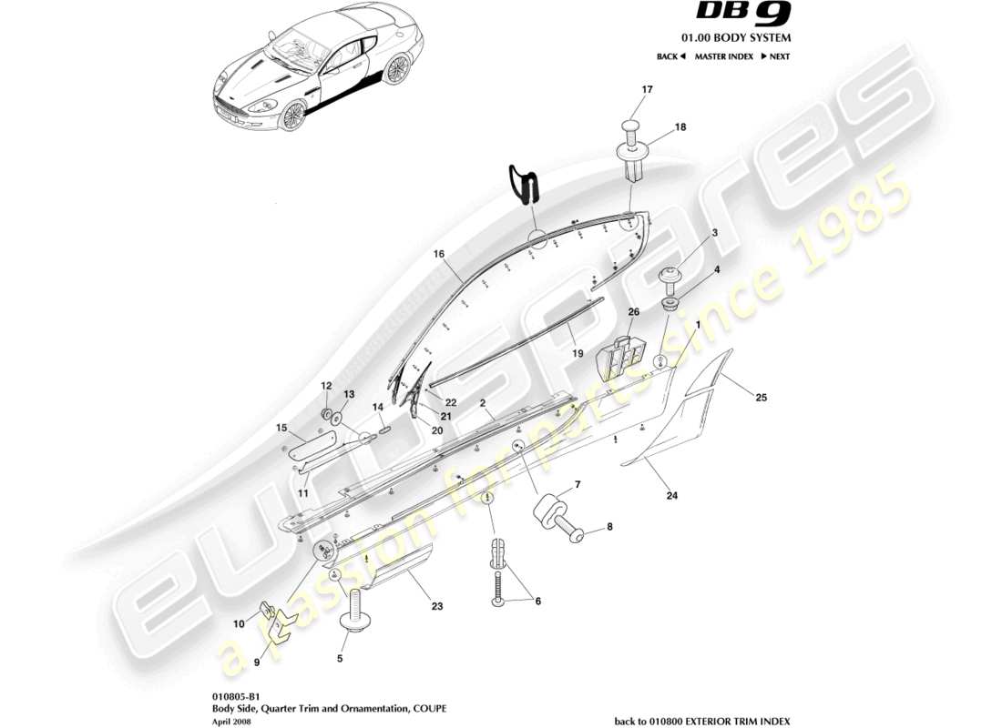 aston martin db9 (2008) guarnición lateral y lateral de la carrocería, diagrama de piezas del cupé