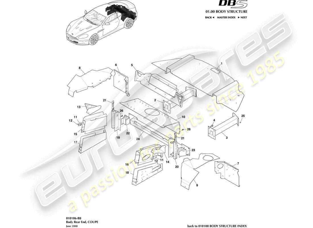 aston martin dbs (2013) parte trasera de la carrocería, coupé diagrama de piezas
