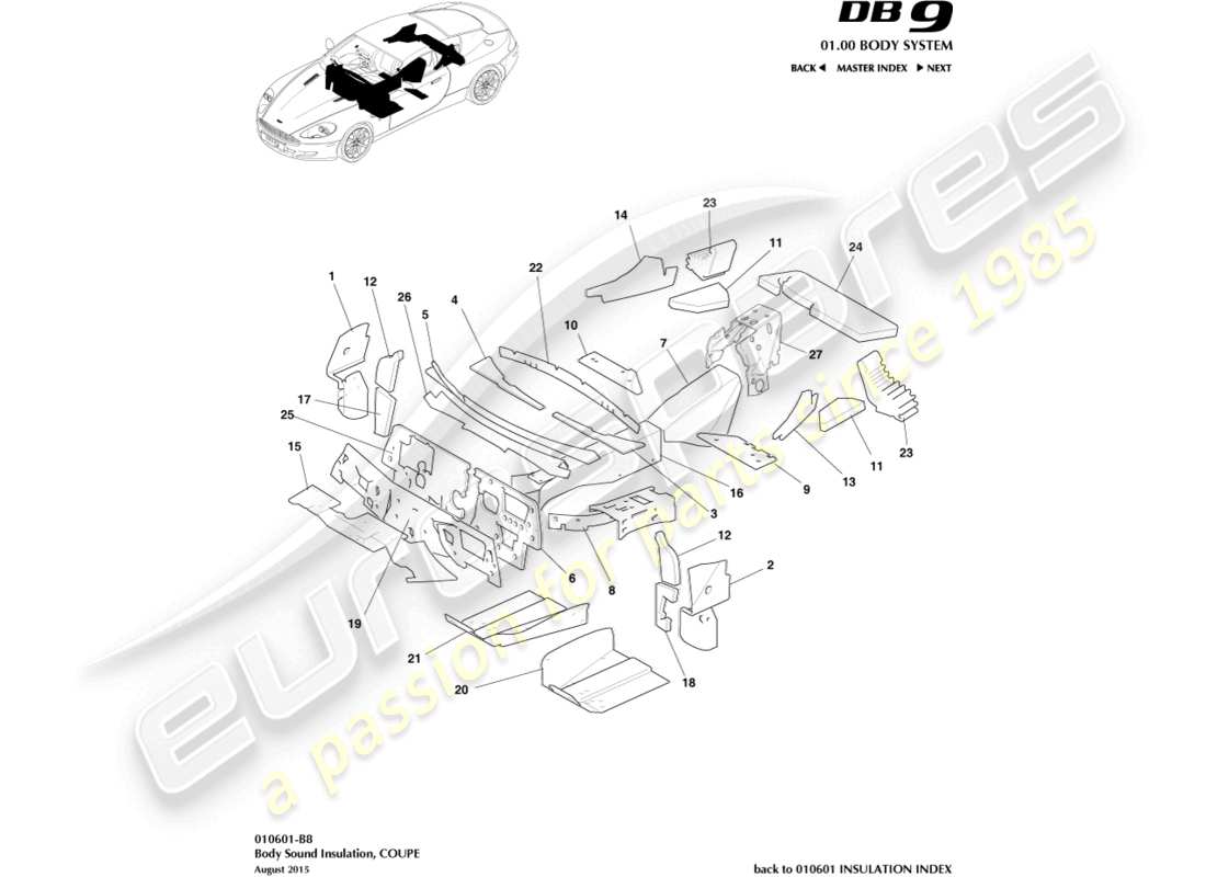 aston martin db9 (2006) aislamiento de la carrocería, diagrama de piezas del cupé