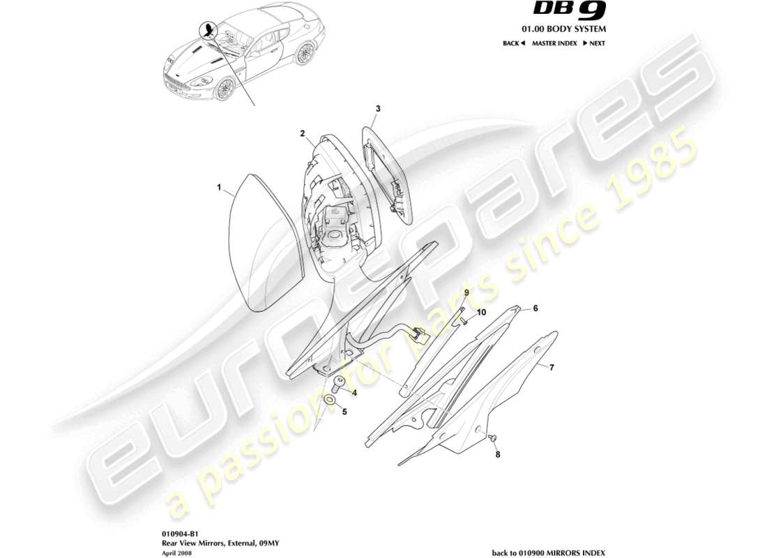 aston martin db9 (2008) espejos retrovisores exteriores 09my diagrama de piezas