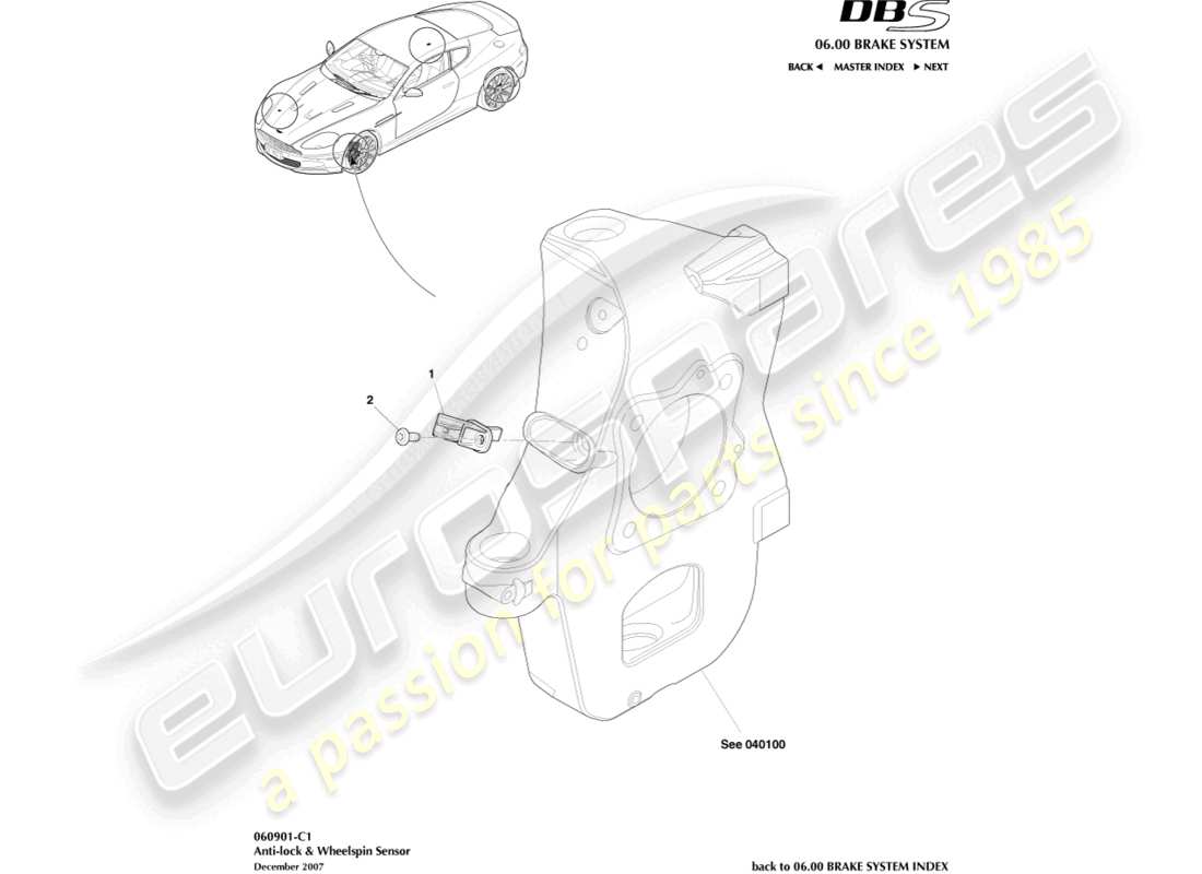 aston martin dbs (2013) sensor de giro de rueda y antibloqueo diagrama de piezas