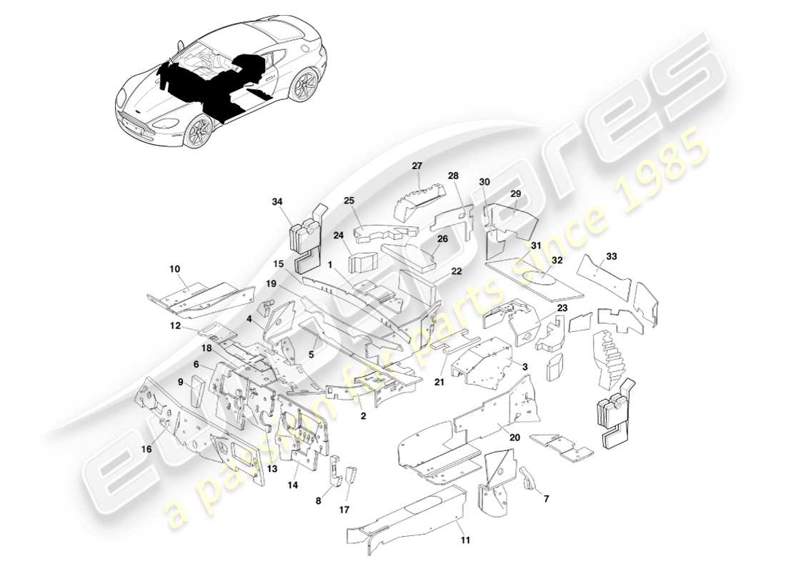 aston martin v8 vantage (2007) aislamiento de la carrocería, diagrama de piezas rhd